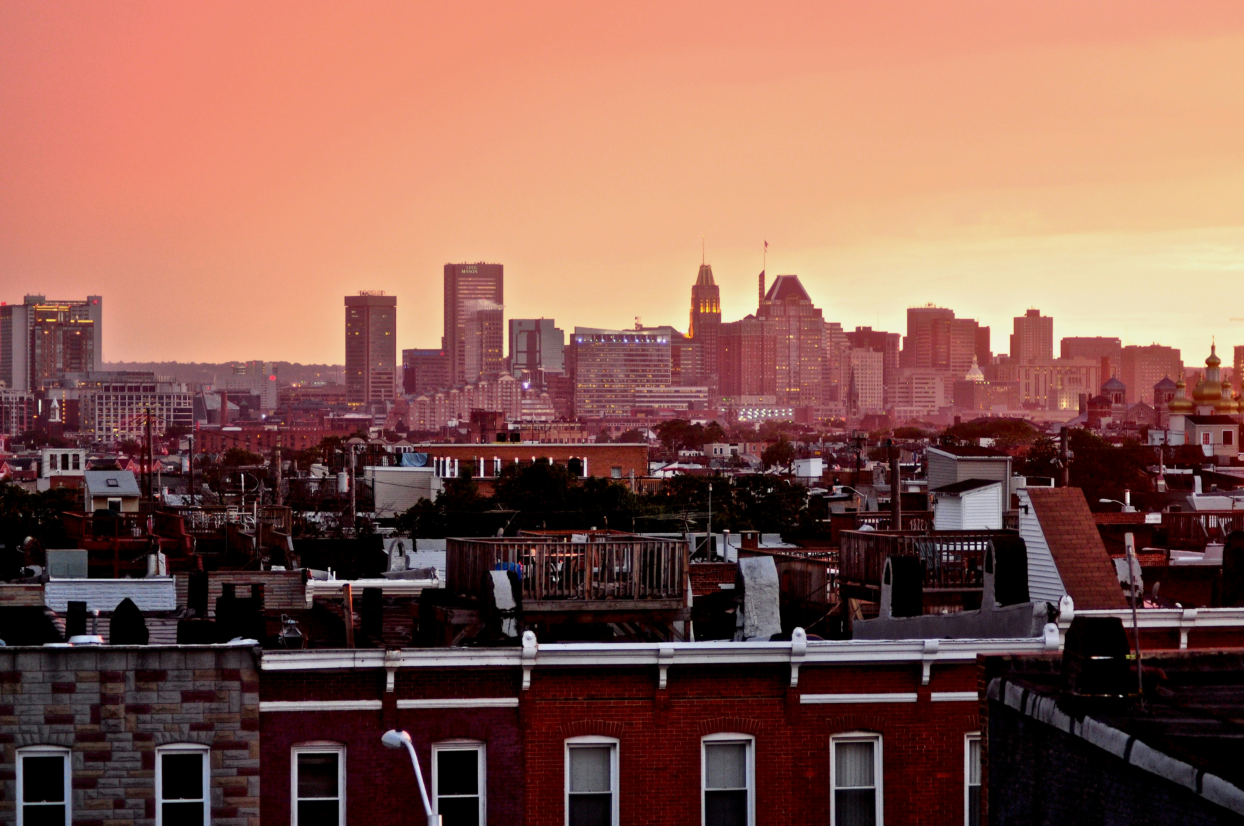 Baltimore rowhomes at sunset
